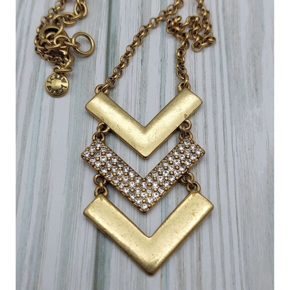 Long Gold Tone J. Crew Chevron Rhinestone Pendant Necklace 32" Rolo Chain - Picture 2 of 8